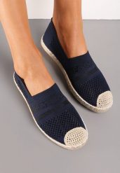 Granatowe Espadryle z Plecioną Cholewką przed Kostkę Mokosa. Niebieskie espadryle damskie Renee, na lato, z aplikacjami, boho, bez obcasa, na płaskiej podeszwie, bez zapięcia. Za 44.99 zł.