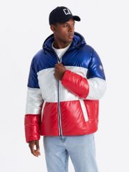 Kurtka męska zimowa trzykolorowa świecąca - granatowa V3. Niebieskie kurtki męskie Ombre Clothing, na zimę, l, bez wzorów, z poliesteru, bez kaptura. W wyprzedaży za 99.99 zł.