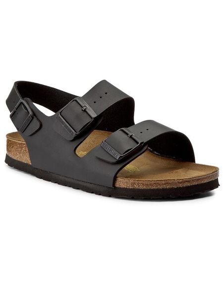 Birkenstock Sandały Milano 034793 Czarny. Czarne klapki damskie Birkenstock, bez wzorów, ze skóry, bez obcasa, na płaskiej podeszwie, bez zapięcia. Za 419.99 zł.