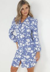 Niebieska Sukienka Koszulowa z Wiązaniem Aieho. Niebieskie sukienki damskie Born2be, m, bez wzorów, bez kołnierzyka, bez ramiączek, mini, koszulowe. Za 79.99 zł.