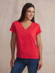 Damska koszulka z dzianiny TBS Adina. Czerwone t-shirty damskie TBS, m, bez wzorów, z bawełny, eleganckie, bez kołnierzyka. Za 170.00 zł.