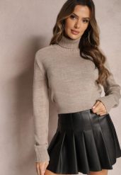 Ciemnobeżowy Luźny Golf o Klasycznym Fasonie z Prążkami na Ściągaczach Basum. Brązowe swetry damskie Renee, m, bez wzorów, z jeansu, eleganckie, bez kołnierzyka, bez ramiączek, bez kaptura. Za 99.99 zł.