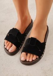 Czarne Klapki z Przekładanymi Paskami i Ozdobnymi Nitami Talysha. Czarne klapki damskie Renee, bez wzorów, z koronki, eleganckie, bez obcasa, na płaskiej podeszwie. Za 79.99 zł.