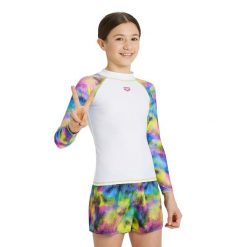 Koszulka na basen plażę pływanie dla dziewczynek Arena Rash Vest. Białe bluzki dla dziewczynek Arena, bez wzorów, bez kołnierzyka, bez ramiączek. Za 59.99 zł.