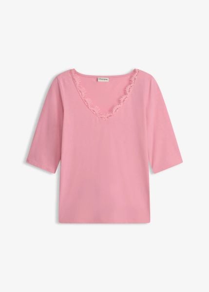 Koszulka z koronką. Czerwone bluzki damskie bonprix, bez wzorów, z koronki, eleganckie, bez kołnierzyka, bez ramiączek. Za 34.99 zł.