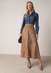 Beżowa Rozkloszowana Spódnica z Imitacji Zamszu Basara. Brązowe spódnice damskie Born2be, l, bez wzorów, z materiału, biznesowe, midi, koszulowe. Za 179.99 zł.