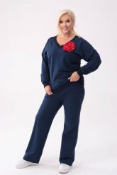 Bawełniany granatowy komplet dresowy Comfy - bluza z różą + długie spodnie PLUS SIZE XXL OVERSIZE JESIEŃ. Niebieskie bluzy sportowe damskie Moda Size Plus Iwanek, plus size, z aplikacjami, z bawełny. Za 349.90 zł.