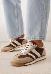 Brązowe Sneakersy z Dwoma Paskami Evilirea. Brązowe obuwie sportowe damskie Born2be, bez wzorów, z jeansu. Za 109.99 zł.