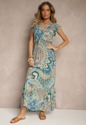 Zielono-Żółta Sukienka z Bawełny w Stylu Boho z Kopertowym Dekoltem Dillana. Zielone sukienki damskie Renee, l, bez wzorów, z bawełny, boho, bez kołnierzyka, bez ramiączek, maxi, kopertowe. Za 49.99 zł.