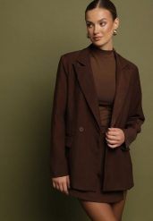 Brązowa Dwurzędowa Marynarka w Stylu Oversize Clazara. Brązowe żakiety damskie Born2be, l, bez wzorów, z jeansu. Za 139.99 zł.