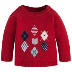 Sweter w kolorze czerwonym. Czerwone swetry dla chłopców marki Mayoral, z okrągłym kołnierzem. W wyprzedaży za 74.95 zł.