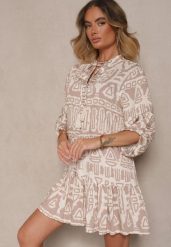 Beżowa Rozkloszowana Sukienka z Wiskozy w Etniczny Print z Wiązaniem z Frędzlami Ravpio. Brązowe sukienki damskie Renee, na spotkanie biznesowe, l, bez wzorów, z wiskozy, eleganckie, bez kołnierzyka, bez ramiączek, mini, rozkloszowane. Za 84.99 zł.