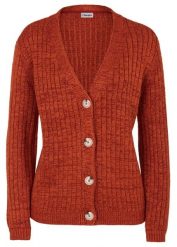 Sweter rozpinany z dzianiny o splocie dużych oczek, z bawełny z recyklingu. Brązowe swetry damskie bonprix, bez wzorów, z bawełny, bez kołnierzyka, bez ramiączek, bez kaptura. Za 107.99 zł.