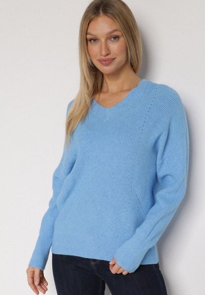 Niebieski Sweter z Domieszką Kaszmiru z Dekoltem w Serek Feralaine. Niebieskie swetry damskie Born2be, bez wzorów, z jeansu, eleganckie, bez kołnierzyka, bez ramiączek, bez kaptura. Za 104.99 zł.