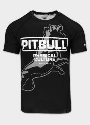 Męski Rashguard z nadrukiem PITBULL koszulka sportowa PHYSICAL CULTURE. Czarne koszulki sportowe męskie PITBULL, m, bez wzorów, z elastanu, bez kołnierzyka, bez ramiączek, na fitness i siłownię. Za 179.00 zł.