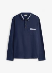 Koszulka polo z czystej bawełny, z detalami w kratę. Niebieskie koszulki polo męskie bonprix, m, bez wzorów, z bawełny, bez ramiączek. Za 112.99 zł.