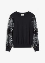 Cienki sweter z rękawami zdobionymi cekinami. Czarne swetry damskie bonprix, z aplikacjami, bez kołnierzyka, bez ramiączek, bez kaptura. Za 144.99 zł.