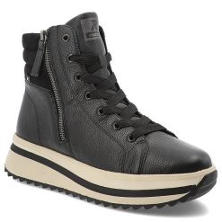 Czarne Sneakersy Rieker Wygodne Obuwie Damskie Na Platformie. Czarne obuwie sportowe damskie Rieker, bez wzorów, ze skóry, trekkingowe. Za 390.99 zł.