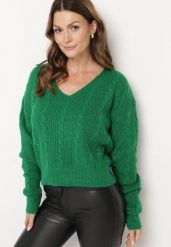Ciemnozielony Sweter Krótki z Wycięciem na Plecach Torine. Zielone swetry damskie Born2be, m, bez wzorów, z jeansu, eleganckie, bez kołnierzyka, bez ramiączek, krótkie, bez kaptura. Za 109.99 zł.