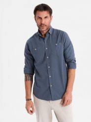 Męska koszula lniana z klasycznym kołnierzykiem i kieszeniami REGULAR FIT – niebieska V4 - Rozmiar: XXL. Niebieskie koszule męskie Ombre Clothing, na lato, l, z aplikacjami, z bawełny, klasyczne, bez kołnierzyka, bez ramiączek. W wyprzedaży za 164.99 zł.