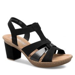 Sandały Rieker. Czarne klapki damskie Rieker, bez wzorów, bez obcasa, na słupku, bez zapięcia. Za 299.99 zł.