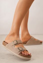 Ciemnobeżowe Zamszowe Klapki Klasyczne z Regulowanymi Paskami ze Sprzączkami Shirinixis. Brązowe klapki damskie Renee, bez wzorów, z zamszu, klasyczne, bez obcasa, na płaskiej podeszwie. Za 139.99 zł.