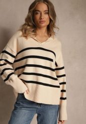 Czarno-Beżowy Sweter w Paski z Dekoltem w Serek z Kołnierzykiem Ralinavia. Czarne swetry damskie Renee, s, bez wzorów, z jeansu, casualowe, bez kołnierzyka, bez ramiączek, długie, bez kaptura. Za 99.99 zł.