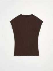 Koszulka z metalizowaną nicią - brązowy. Brązowe t-shirty damskie Sinsay, l, bez wzorów, bez kołnierzyka. Za 29.99 zł.