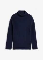 Sweter z golfem, z czystej bawełny organiczenej. Niebieskie swetry damskie bonprix, bez wzorów, z bawełny, bez kołnierzyka, bez ramiączek, bez kaptura. Za 149.99 zł.