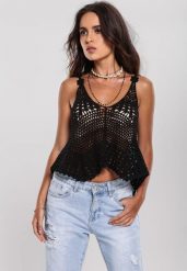 Czarny Bawełniany Top Ażurowy w Stylu Boho Cosmothetic. Czarne bluzki damskie Renee, uniwersalny, w ażurowe wzory, z bawełny, boho, bez kołnierzyka, bez ramiączek. Za 54.99 zł.