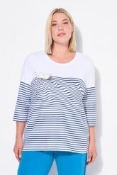 Damskie Bluzka pasy papierowa łódka dekolt łódkowy rękawy 3/4. Białe bluzki damskie Ulla Popken, plus size, bez wzorów, z bawełny, klasyczne, bez kołnierzyka, plus size, bez ramiączek. Za 139.99 zł.