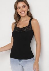 Czarny Top z Bawełny Ozdobiony Koronkową Wstawką Arithara. Czarne bluzki damskie Born2be, l, bez wzorów, z bawełny, eleganckie, bez kołnierzyka, bez ramiączek. Za 19.99 zł.