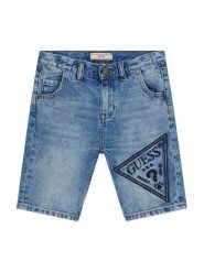Guess Szorty jeansowe L6GD18 D41E0 Niebieski Regular Fit. Niebieskie szorty dla chłopców Guess, z aplikacjami, z bawełny. Za 234.99 zł.