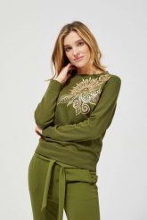 Bluza z nadrukiem. Zielone bluzy damskie MOODO, m, bez wzorów, z bawełny, bez kaptura. W wyprzedaży za 39.99 zł.