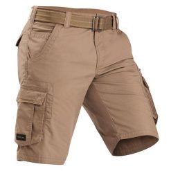 Spodenki trekkingowe męskie Travel 100. Brązowe krótkie spodenki sportowe męskie FORCLAZ, l, bez wzorów, z bawełny, trekkingowe. Za 129.99 zł.