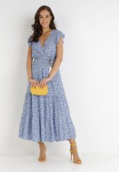Niebieska Sukienka Cadulenn. Niebieskie sukienki damskie Born2be, l, z aplikacjami, z tkaniny, boho, bez kołnierzyka, bez ramiączek, maxi. Za 99.99 zł.