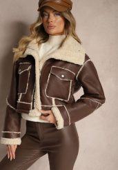 Brązowa Kurtka Typu Biker o Krótkim Kroju z Kołnierzem i Kieszeniami Naonellea. Brązowe kurtki damskie Renee, l, bez wzorów, z jeansu, bez kaptura. Za 279.99 zł.
