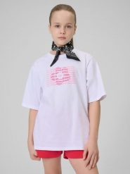 4F T-shirt loose z nadrukiem dziewczęcy - biały 134 (8-9 lat). Białe t-shirty i topy dla dziewczynek 4f, bez wzorów, z bawełny, bez ramiączek. W wyprzedaży za 29.99 zł.