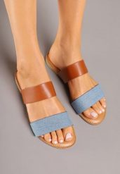 Niebieskie Casualowe Klapki na Płaskiej Podeszwie z Dwoma Paskami Denelie. Niebieskie klapki damskie Renee, bez wzorów, eleganckie, bez obcasa, na płaskiej podeszwie. Za 44.99 zł.