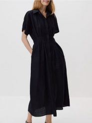Koszulowa sukienka z lnem - czarny. Czarne sukienki damskie Reserved, l, bez wzorów, z tkaniny, bez kołnierzyka, bez ramiączek, maxi, koszulowe. Za 229.99 zł.