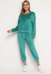 Zielony Welurowy Komplet Dresowy Bluza z Trójkątnym Dekoltem i Spodnie z Kieszeniami Onchia. Zielone bluzy damskie Born2be, l, bez wzorów, z dresówki, bez kaptura. Za 99.99 zł.
