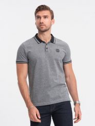 Melanżowa koszulka męska polo z kołnierzykiem w paski – czarna V1 OM-POSS-0109 - XL. Czarne koszulki polo męskie Ombre Clothing, m, z aplikacjami, z bawełny, bez kołnierzyka, bez ramiączek. W wyprzedaży za 39.99 zł.