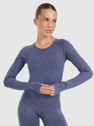 4F Longsleeve slim do jogi i pilatesu szybkoschnący damski - granatowy XS/S. Niebieskie koszulki sportowe damskie 4f, l, bez wzorów, z dzianiny, bez kołnierzyka, bez ramiączek, na jogę i pilates. Za 149.99 zł.