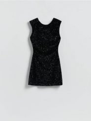 Cekinowa sukienka mini - czarny. Czarne sukienki damskie Reserved, l, bez wzorów, z dzianiny, bez kołnierzyka, bez ramiączek, mini, dopasowane. Za 149.99 zł.