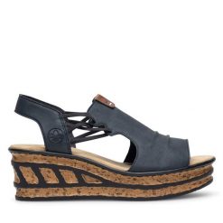 Sandały Rieker. Niebieskie klapki damskie Rieker, bez wzorów, bez obcasa, na koturnie, bez zapięcia. Za 299.99 zł.