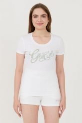 GUESS Biały t-shirt Script. Białe t-shirty damskie Guess, xs, z aplikacjami, bez kołnierzyka. W wyprzedaży za 204.99 zł.