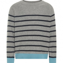 Sweter "Odims" w kolorze granatowo-szarym. Szare swetry dla chłopców Name it Kids, w paski, z bawełny, z okrągłym kołnierzem. W wyprzedaży za 42.95 zł.