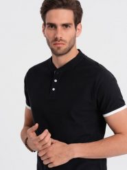 Ombre Męska koszulka polo bez kołnierzyka - czarna V8 OM-TSCT-0156 M. Czarne koszulki polo męskie Ombre, m, bez wzorów, bez ramiączek. Za 79.99 zł.