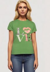 Zielony T-shirt z Krótkim Rękawem i Ozdobnym Nadrukiem Testolene. Zielone bluzki damskie Born2be, plus size, bez wzorów, z jeansu, klasyczne, bez kołnierzyka. Za 39.99 zł.