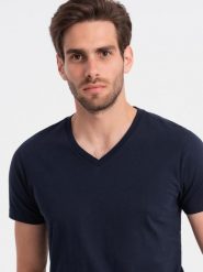 Klasyczna męska bawełniana koszulka z dekoltem w serek BASIC - granatowa V2 OM-TSBS-0145 - XL. Niebieskie t-shirty męskie Ombre Clothing, l, bez wzorów, z bawełny, klasyczne, bez kołnierzyka. W wyprzedaży za 24.99 zł.